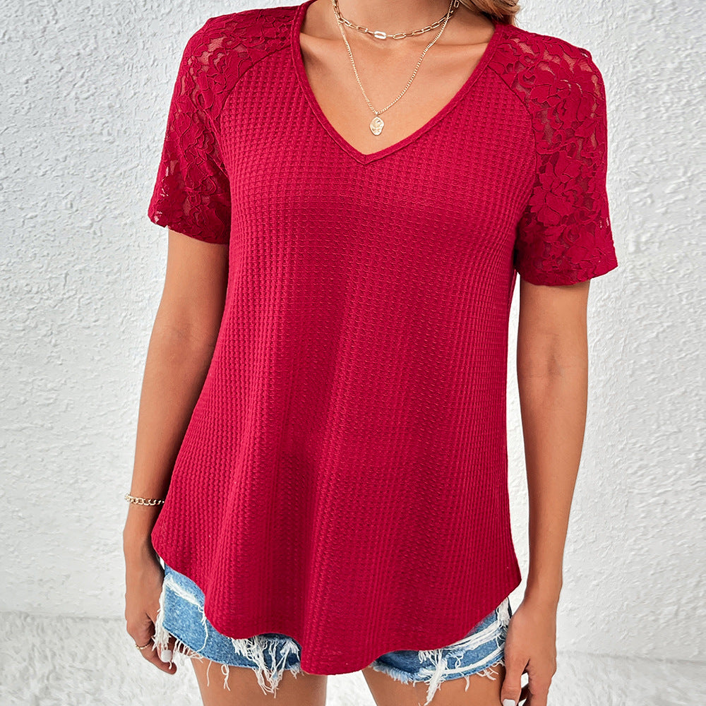 Women's Summer Hollow Lace Loose T-shirt Sleeve Blouses