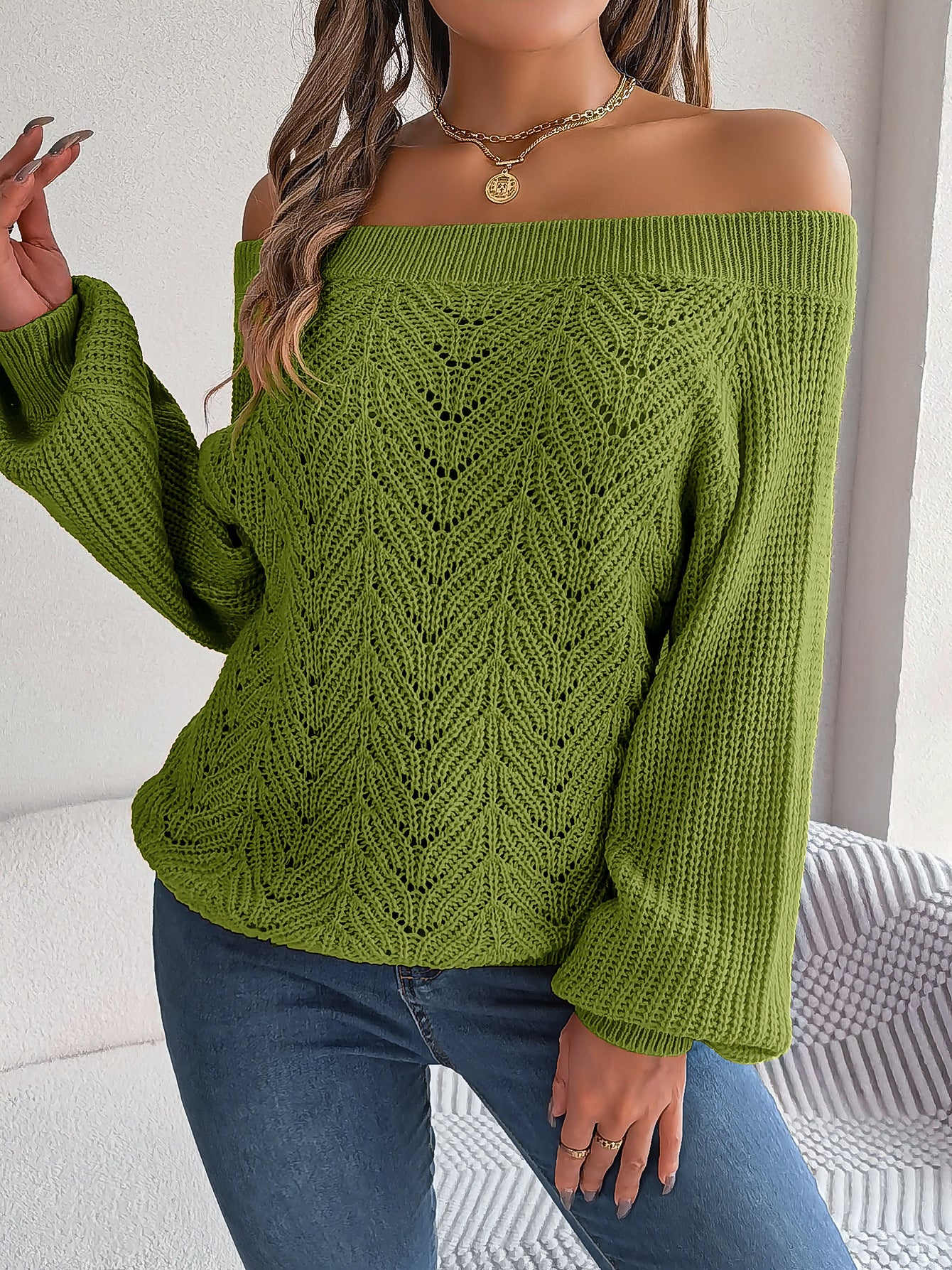 Women's Casual Solid Color Collar Lantern Sleeve Sweaters