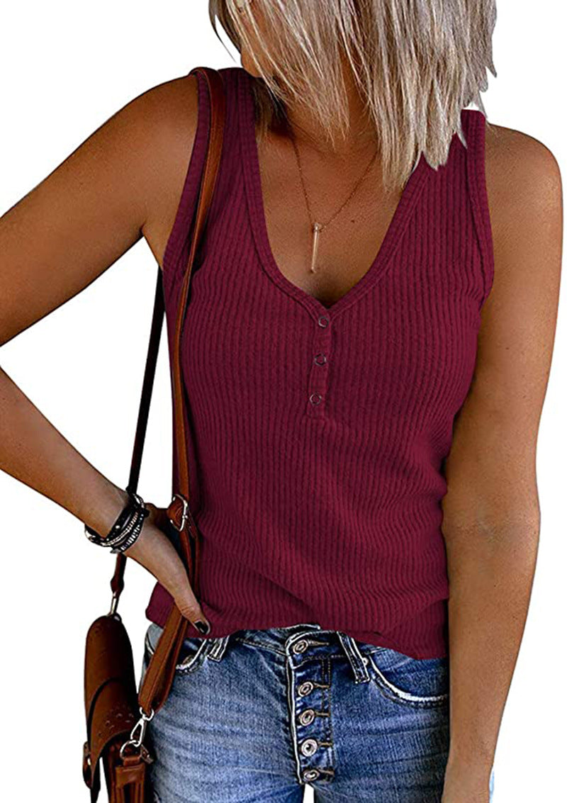 Women's Summer Breasted Solid Color V-neck Sleeveless Tops