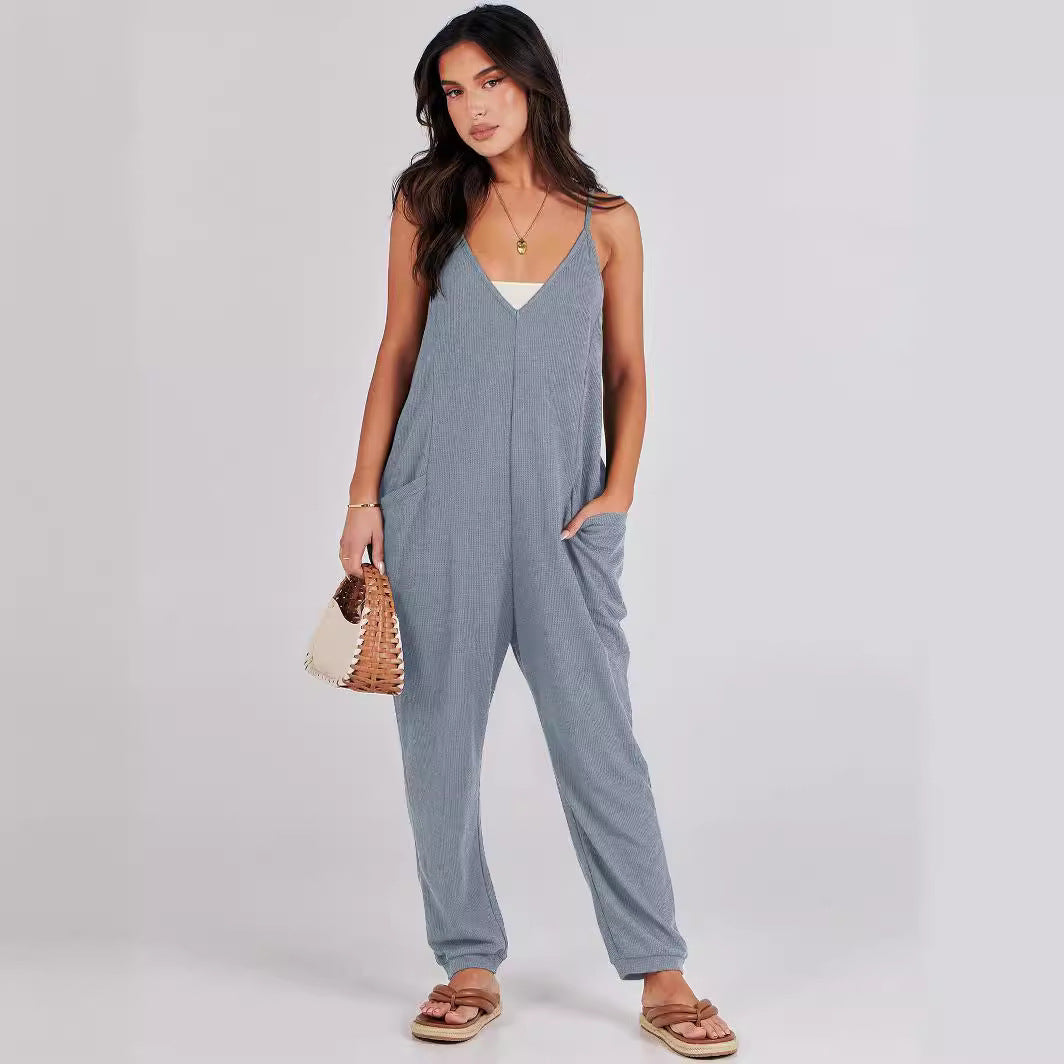 Women's Solid Color Casual Pocket Sling Dress Jumpsuits