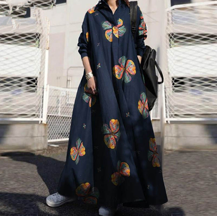 Women's Autumn Print Cotton Linen Retro Ethnic Dresses