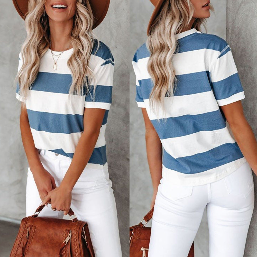 Women's Blue White Striped Printed Round Neck Blouses