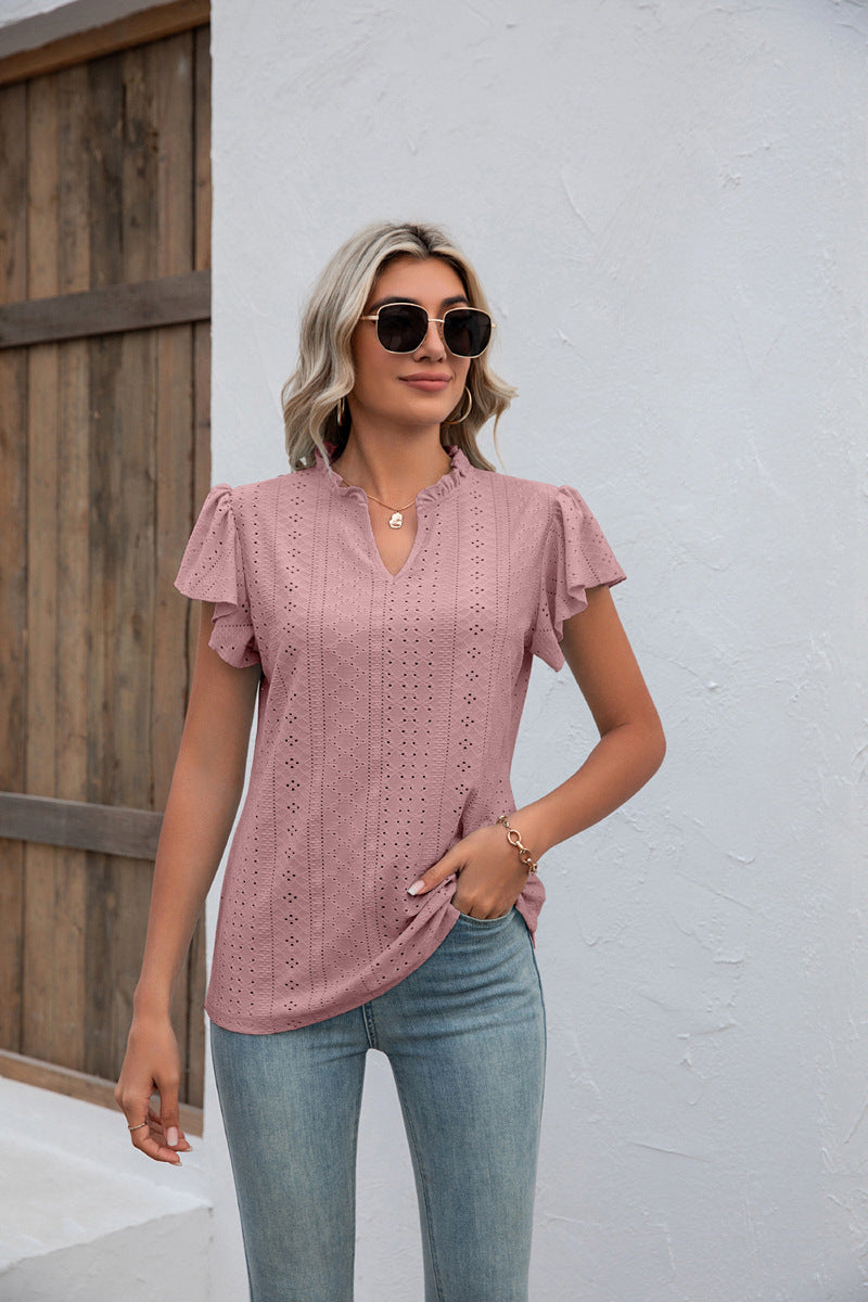 V-neck Pure Color Ruffles Flying Sleeves Blouses