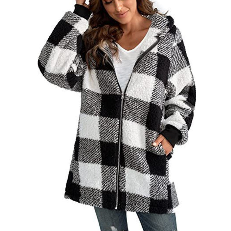 Women's Plush Long-sleeved Plaid Hooded Zipper With Women's Jackets