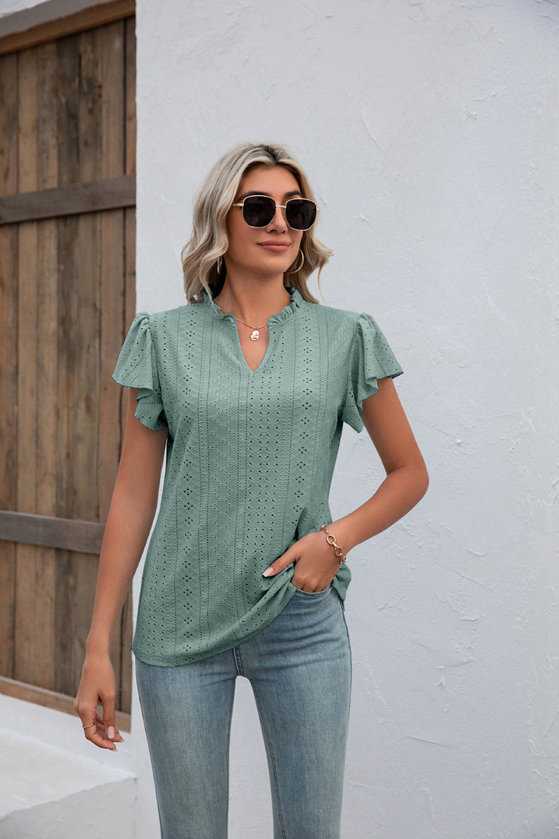 V-neck Pure Color Ruffles Flying Sleeves Blouses