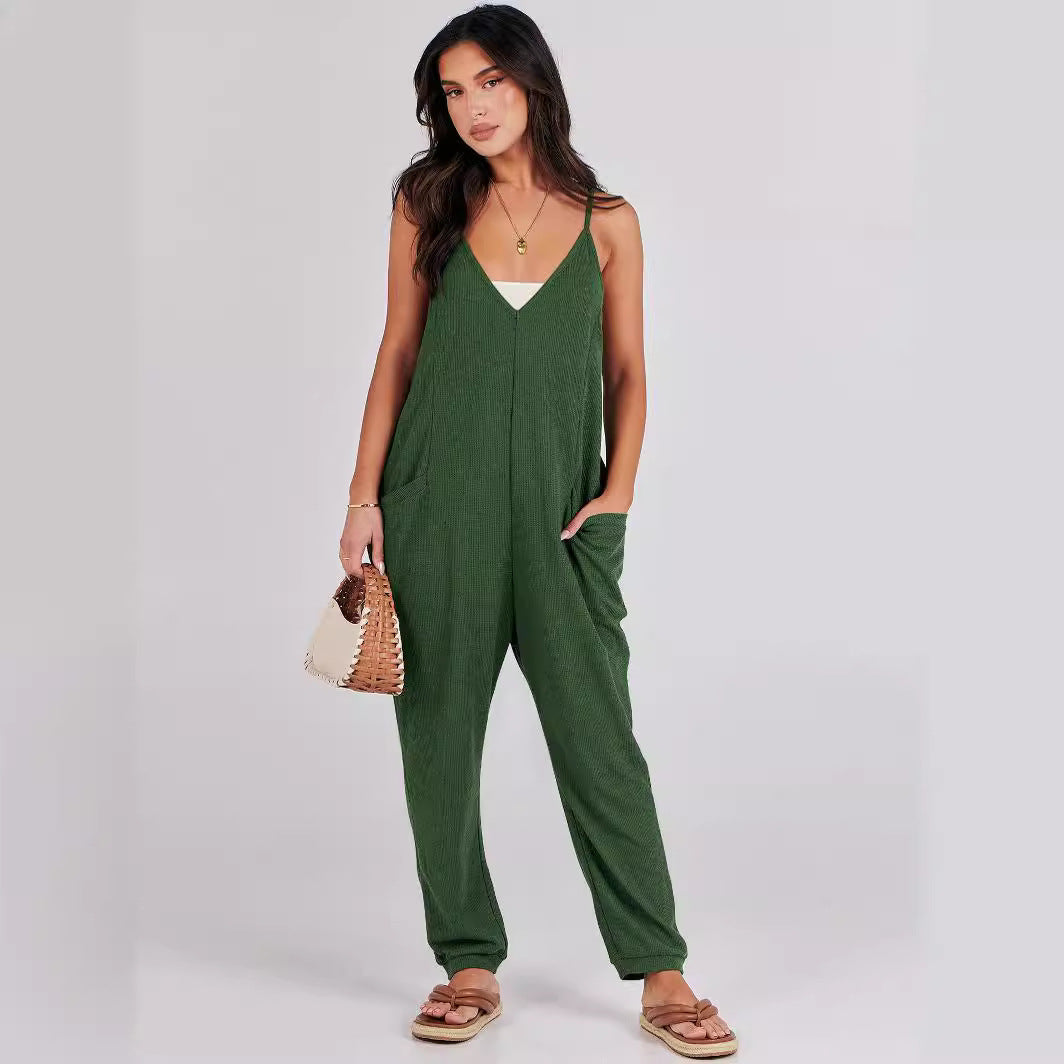 Women's Solid Color Casual Pocket Sling Dress Jumpsuits