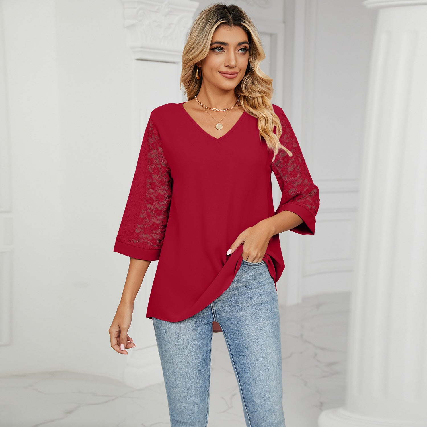 Women's Loose V-neck Cropped Bell Sleeve Patchwork Blouses