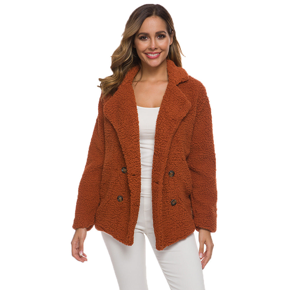 Women's Lapel Double Breasted Loose Lamb Wool Sweaters