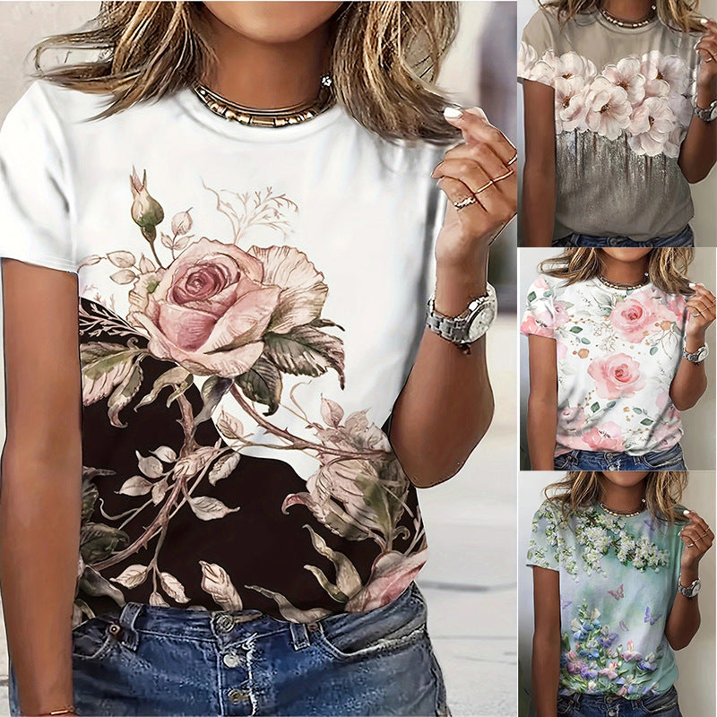 Women's Summer Floral Plant Print Short-sleeved T-shirt Blouses