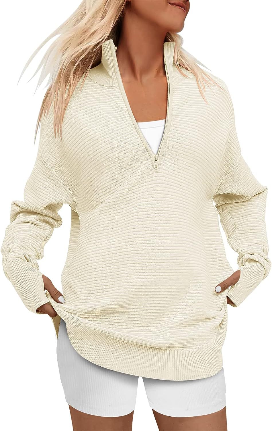 Women's Sleeve Half Zip Casual Rib Knitted Sweaters