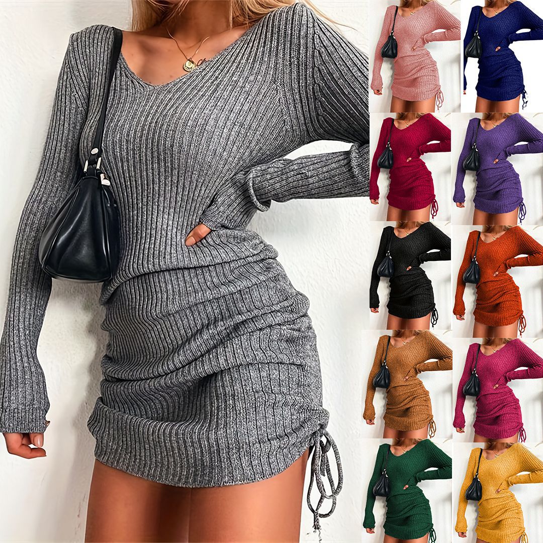 Long Sleeve Sexy Slim Thread Pleated Dresses
