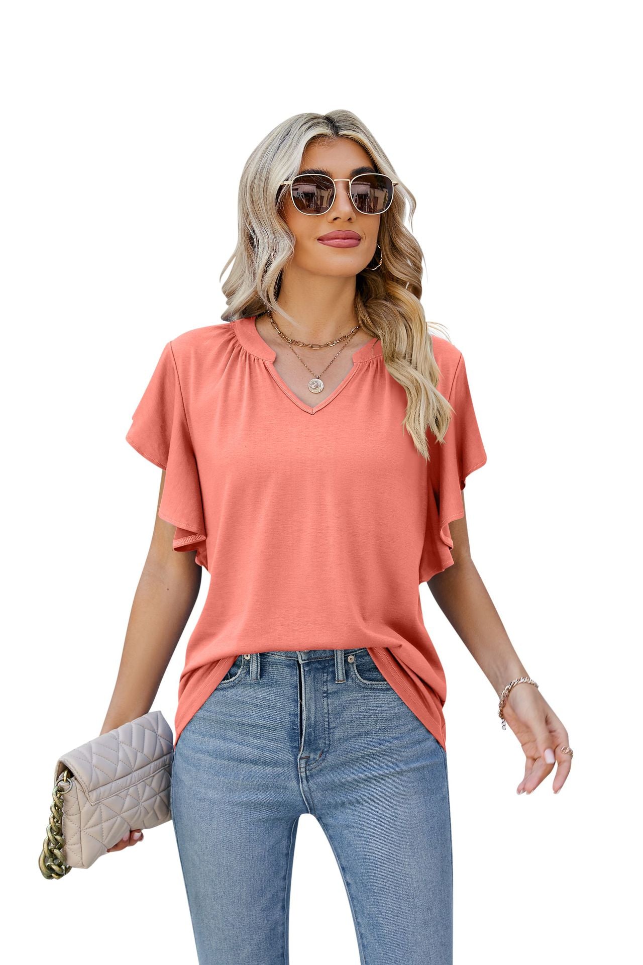 Women's Summer T-shirt Pure Color Ruffles Blouses