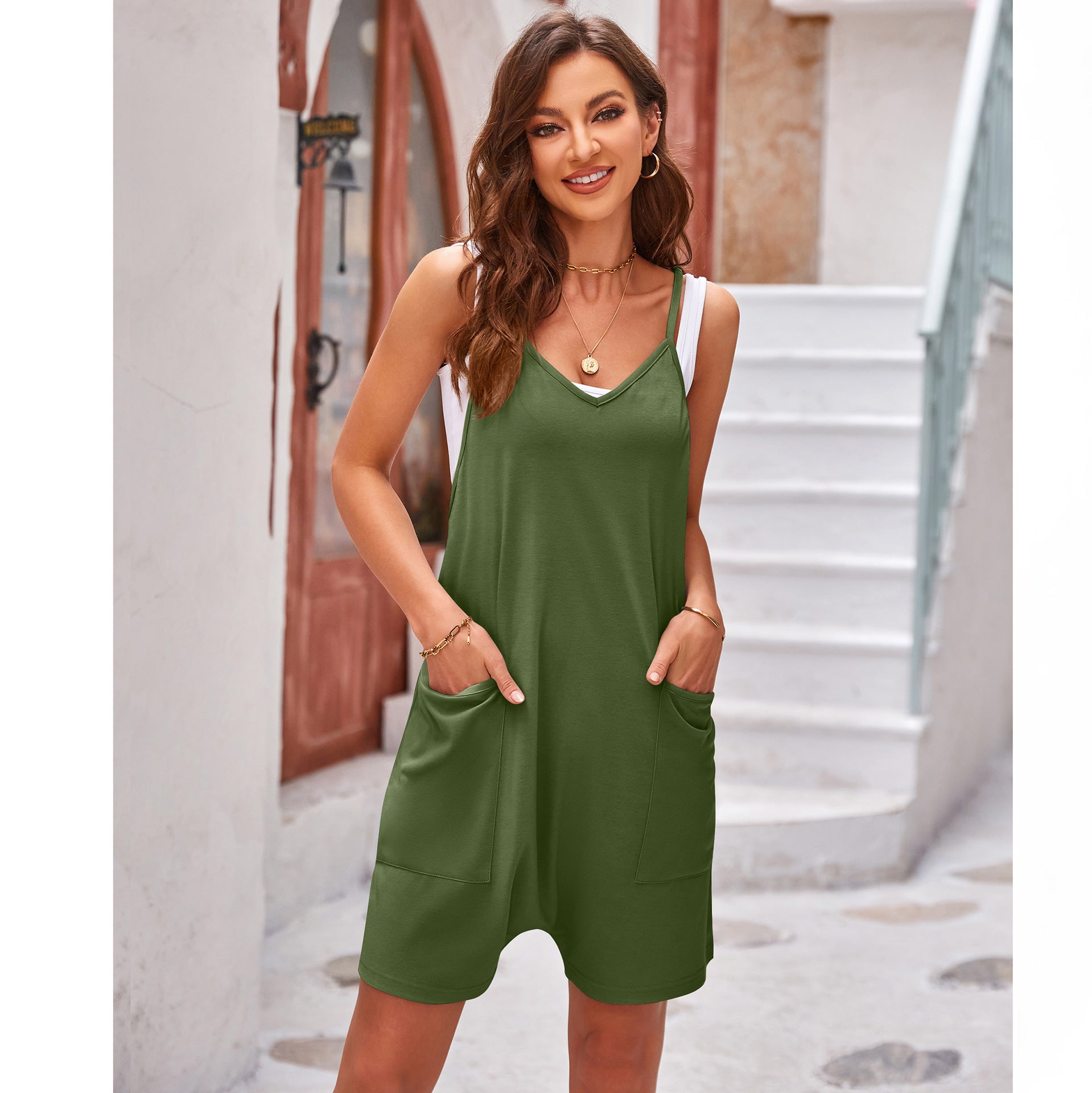 Women's Summer Casual Pocket Spaghetti Straps Knitted Jumpsuits