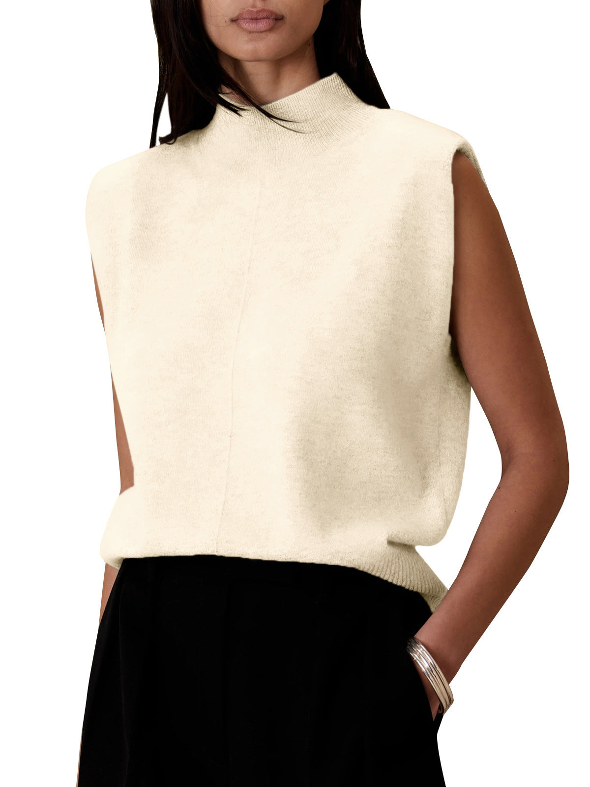 Women's Pure Color Half Collar Sleeveless Fashion Simple Sweaters