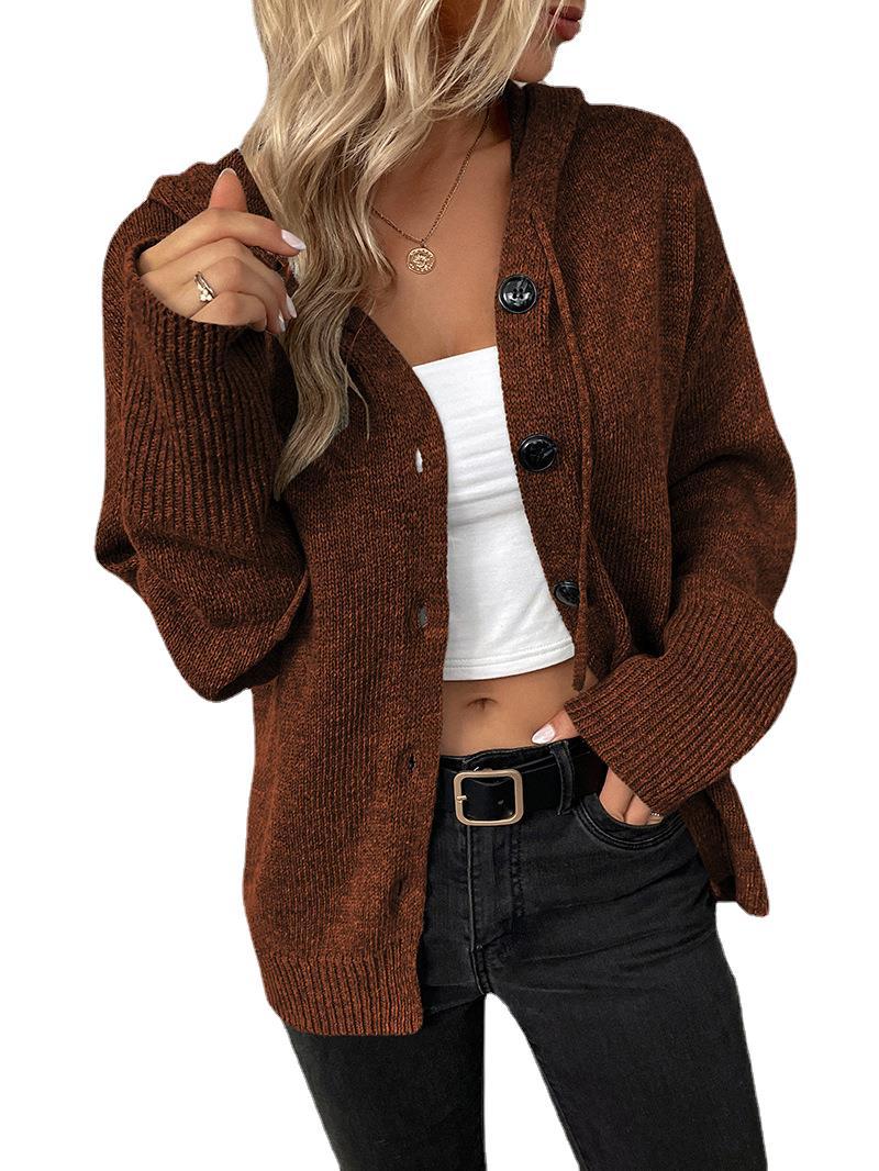 Women's Drawstring Knitted Solid Color Hooded Single-breasted Sweaters