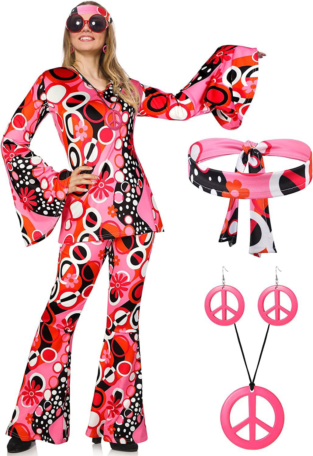 Women's Hippie Pink Disco Bottoms Bohemian Bell-bottom Pants