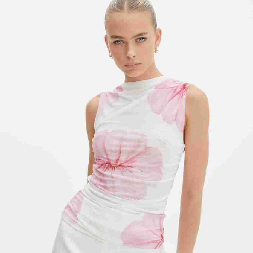 Printing Summer Mesh Stitching Chic Pleated Elegant Style Tops