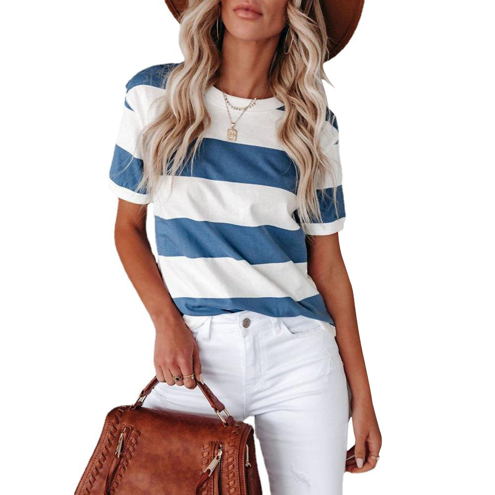 Women's Blue White Striped Printed Round Neck Blouses