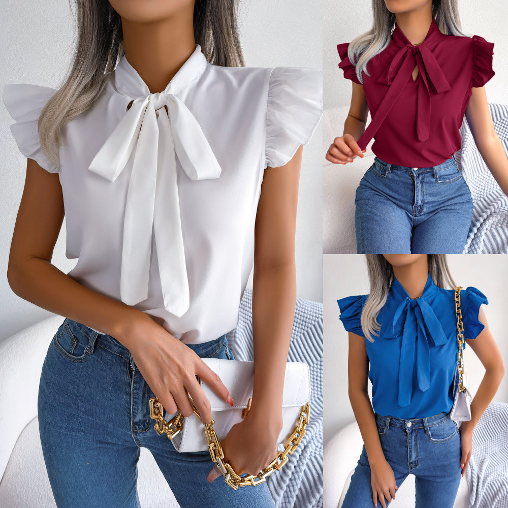 Temperament Commute Stringy Seedge Lace-up Bow Blouses Femme