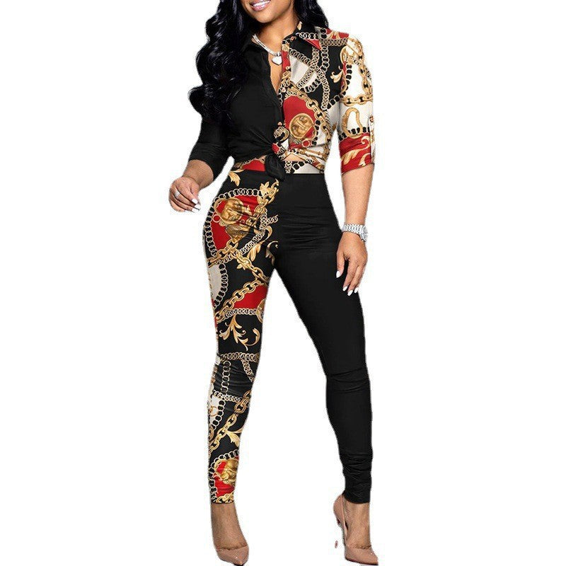 Women's Casual Color Matching Printed Long-sleeved Lapel Suits