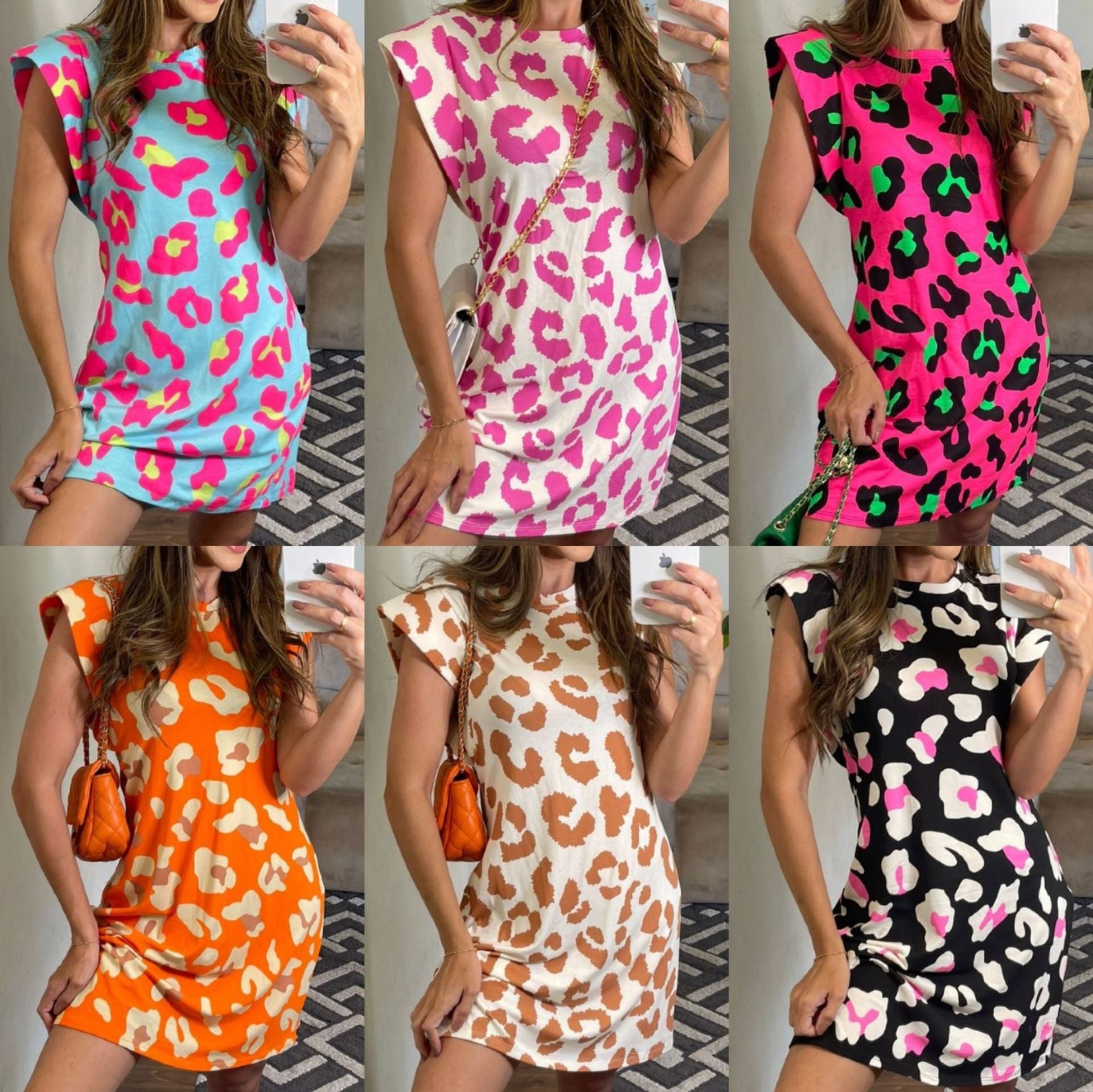 Women's Short-sleeved Round Neck Leopard Print Multi-color Dresses