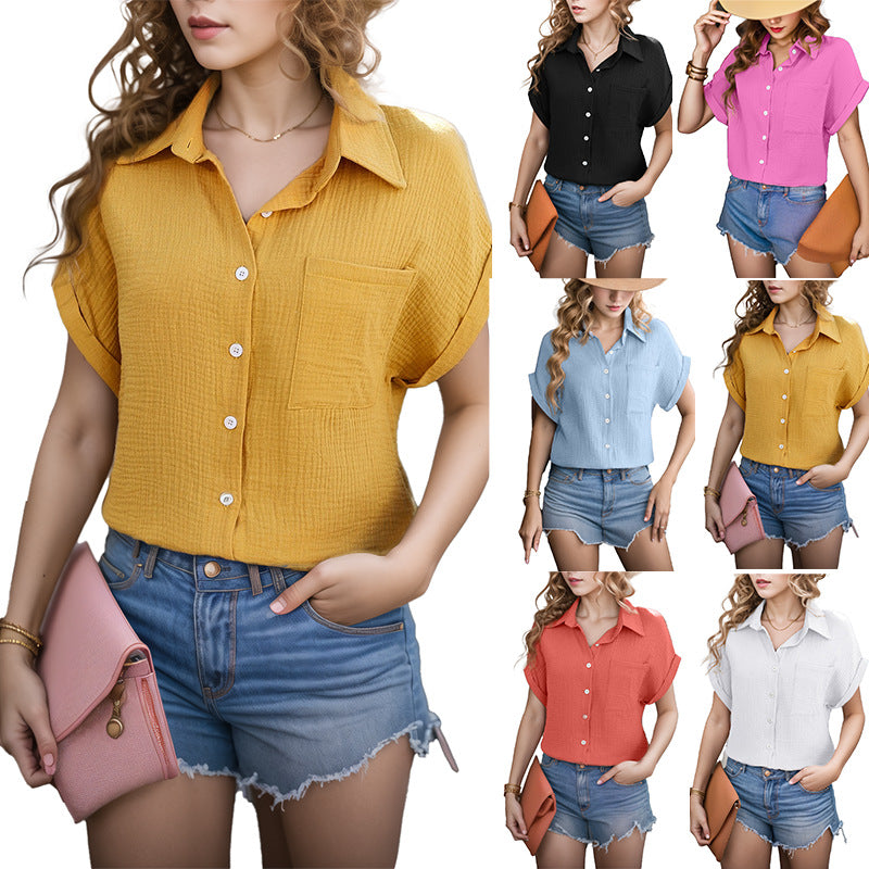 Women's Loose Sleeve Pocket Casual Shirt Blouses