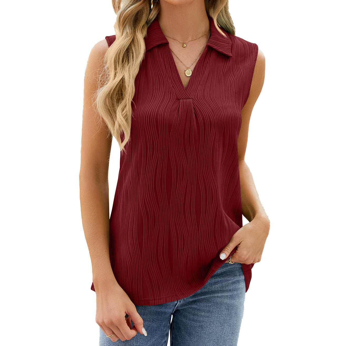 Women's Summer Solid Color Polo Collar Loose-fitting Sleeveless Tops