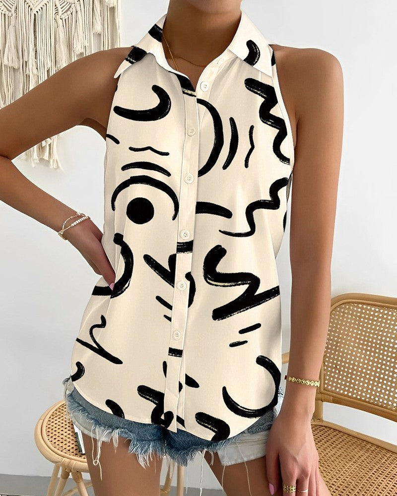 Women's Summer Casual Fashion Sleeveless Abstract Printing Blouses