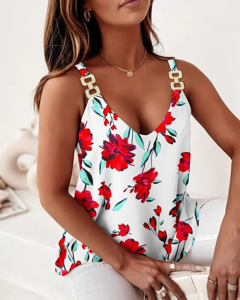 Damen-Sommer-Blusen mit ärmellosem Ketten-Blumendruck