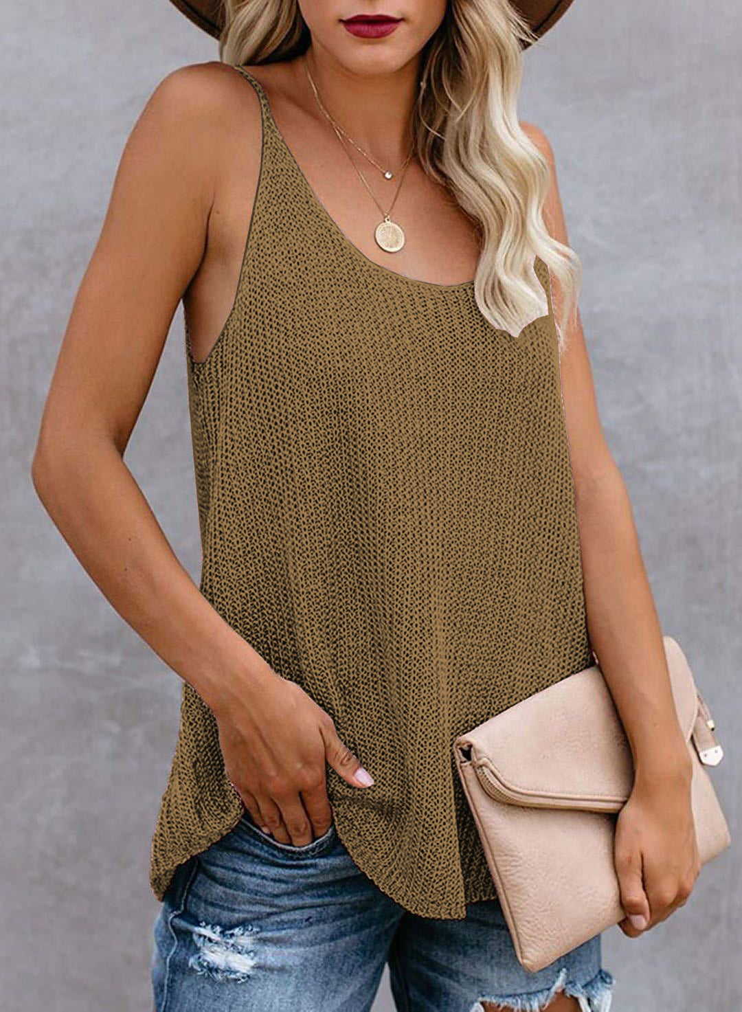 Women's Summer Knitted Contrast Color Round Neck Tops