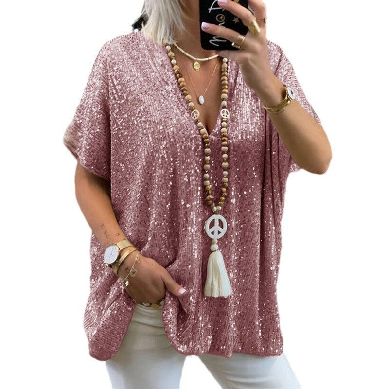 Women's Urban Casual Color Loose Pullover Sequined Blouses