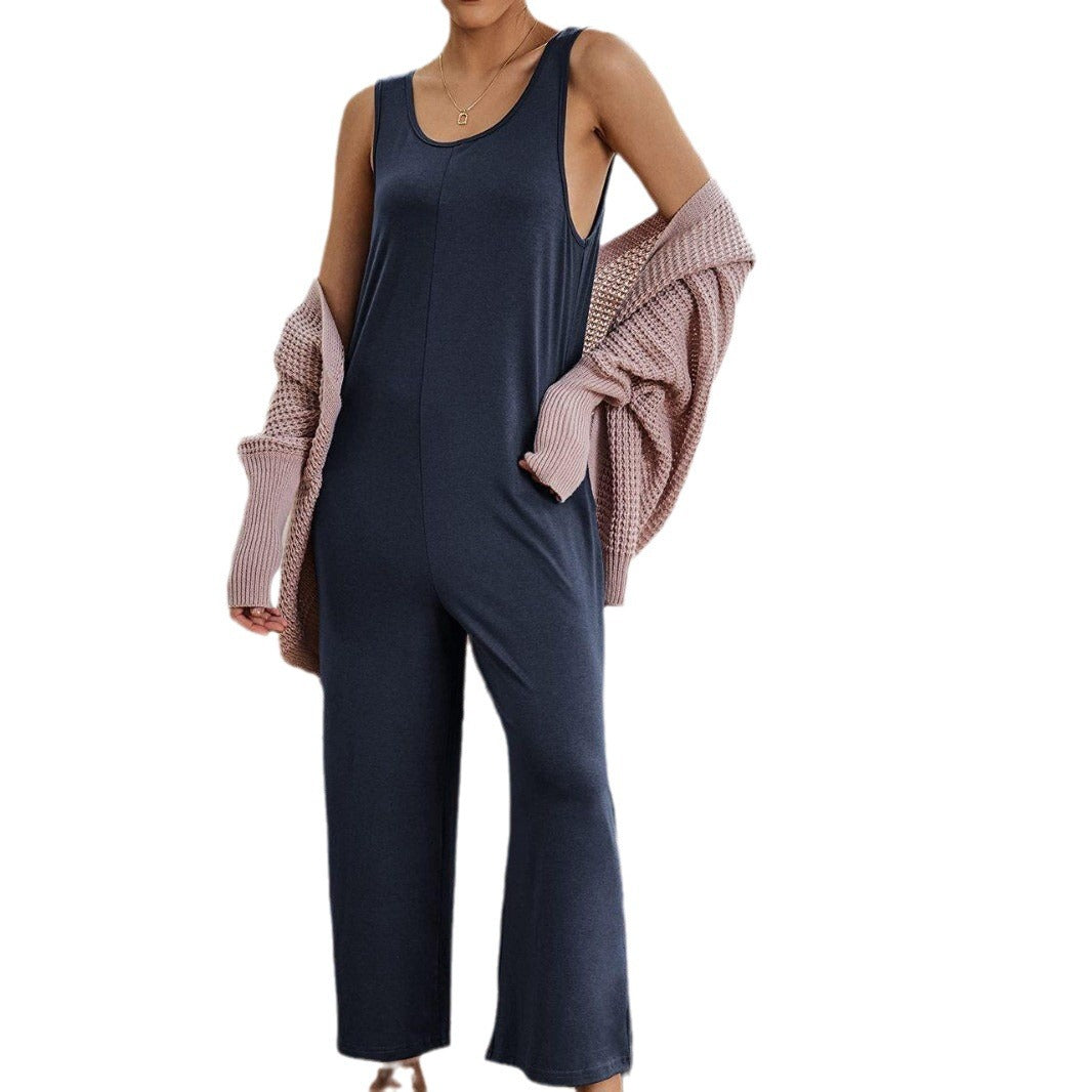 Women's Sling Loose Straight Solid Color Wide Jumpsuits