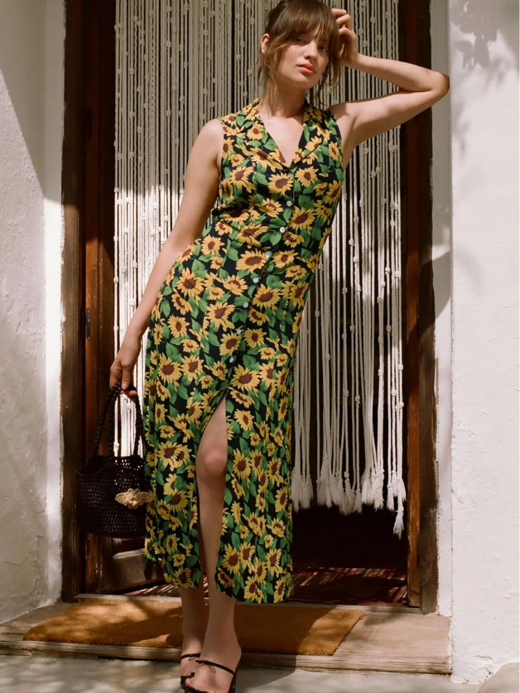 Women's System Sunflower Rayon Printing Lapel Sleeveless Slim Dresses
