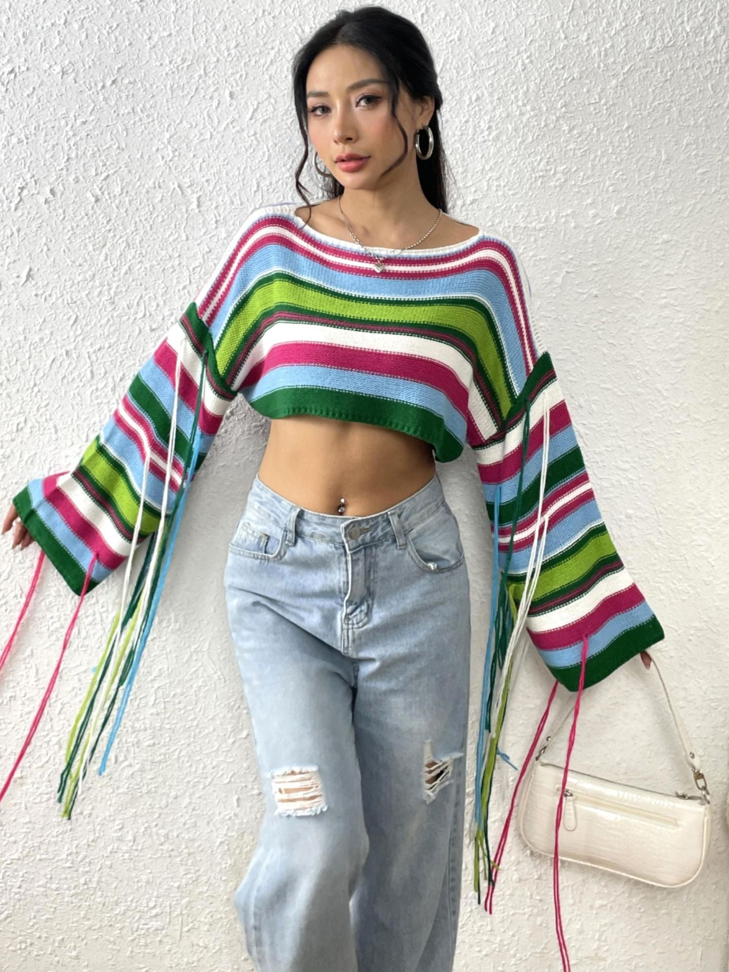 Women's Rainbow Striped Fringed Sexy Ultra Loose Sweaters