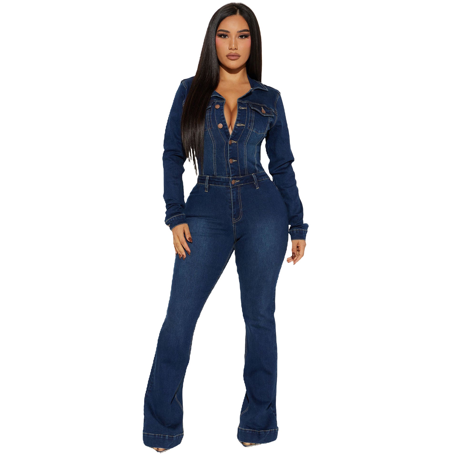 Trade Slim Stretch Trumpet Washed Long Jumpsuits