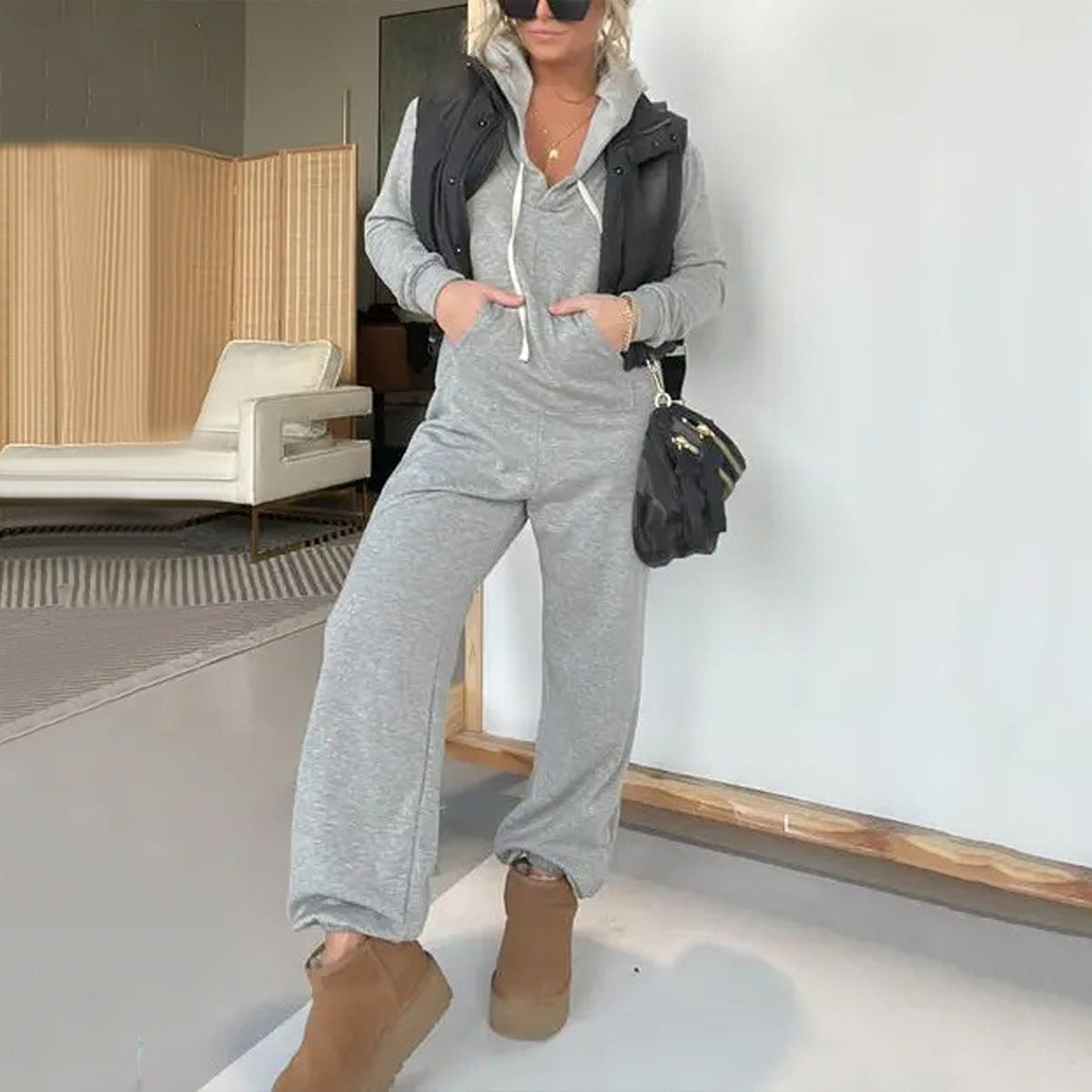 Women's Casual Fashion Solid Color Hoodie Jumpsuits