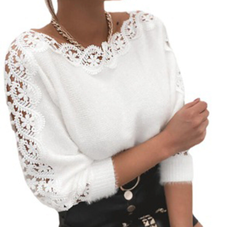 Women's Sexy Winter Lace Stitching Solid Color Sweaters