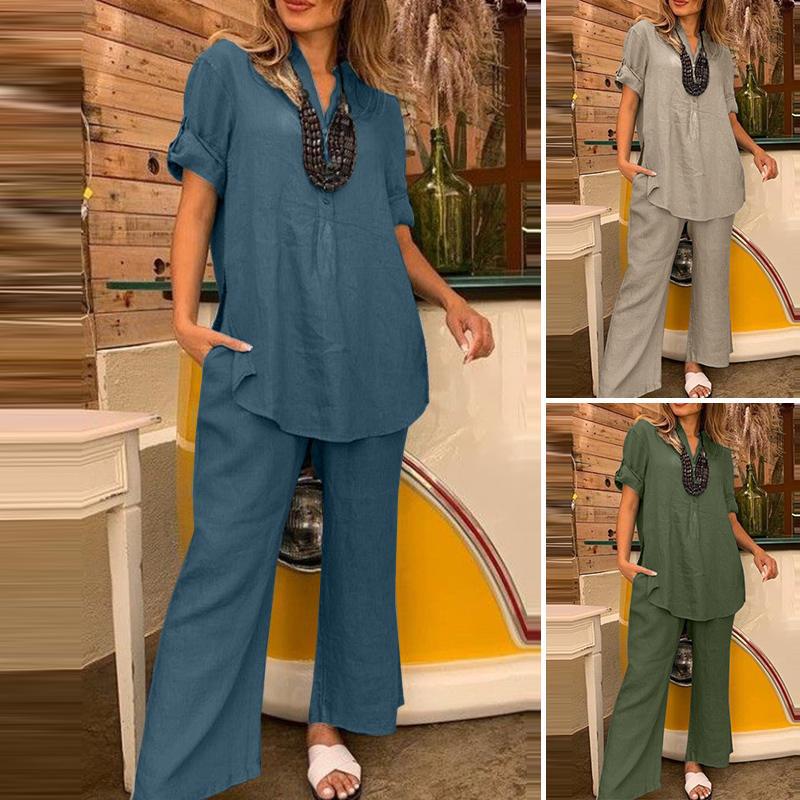 Women's Color Sleeve Straight Wide Leg Casual Suits