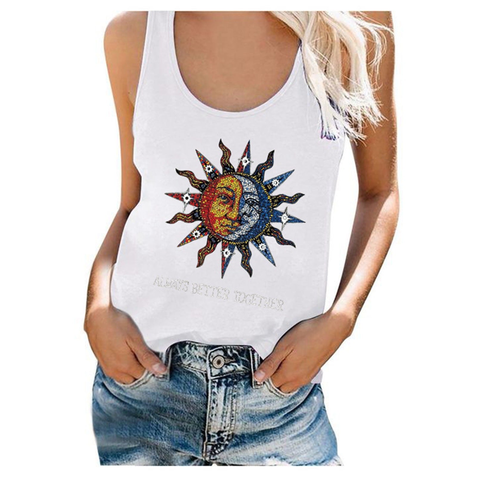 Women's Sun Moon Pattern Printed Sleeveless T-shirt Vests