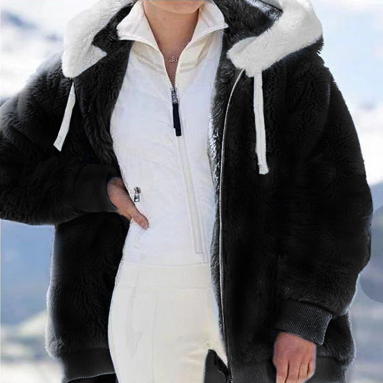 Women's Loose Plush Zipper Hooded For Coats