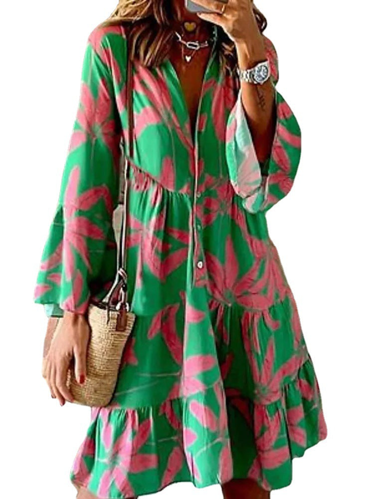 Women's Printed Dress Pink Green Contrast Color Bell Dresses