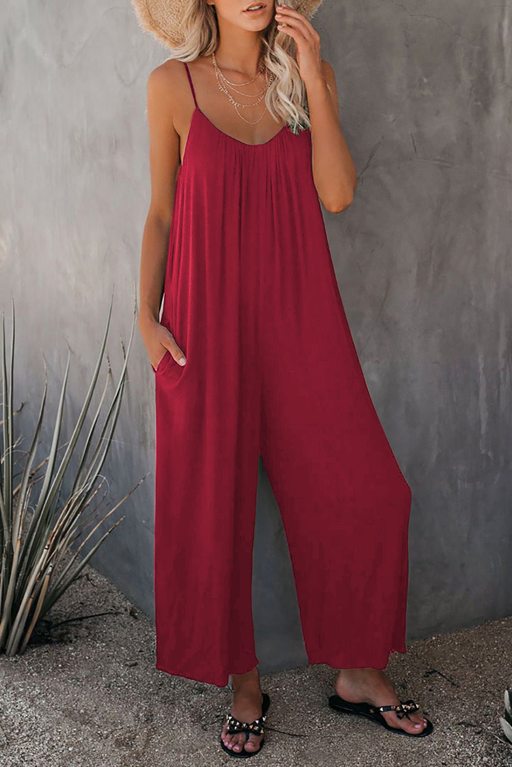 Women's Sling Summer Solid Color Pocket Casual Jumpsuits