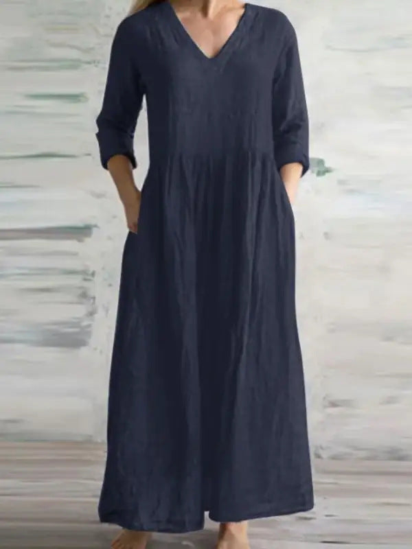 Women's Dress Cotton Linen Pocket Half Sleeve Clothing