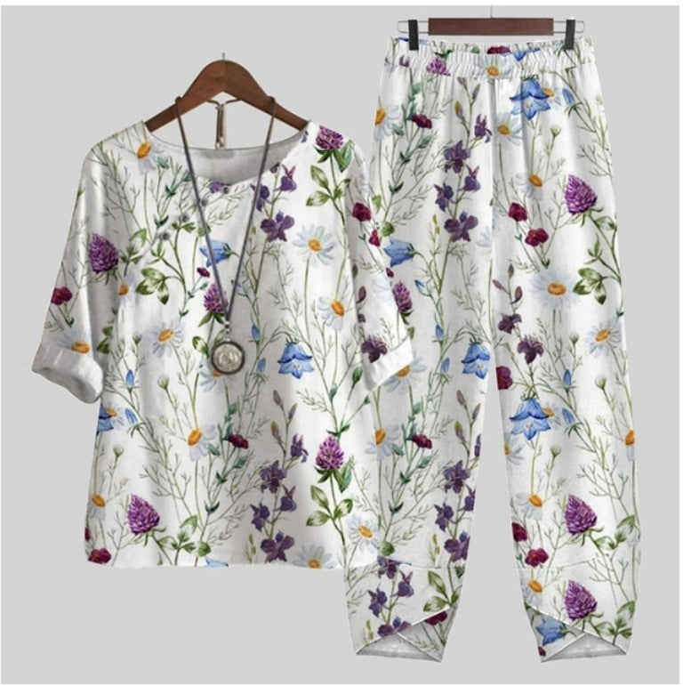 Women's Spring Five-quarter Sleeve Printed Two-piece Women's Clothing