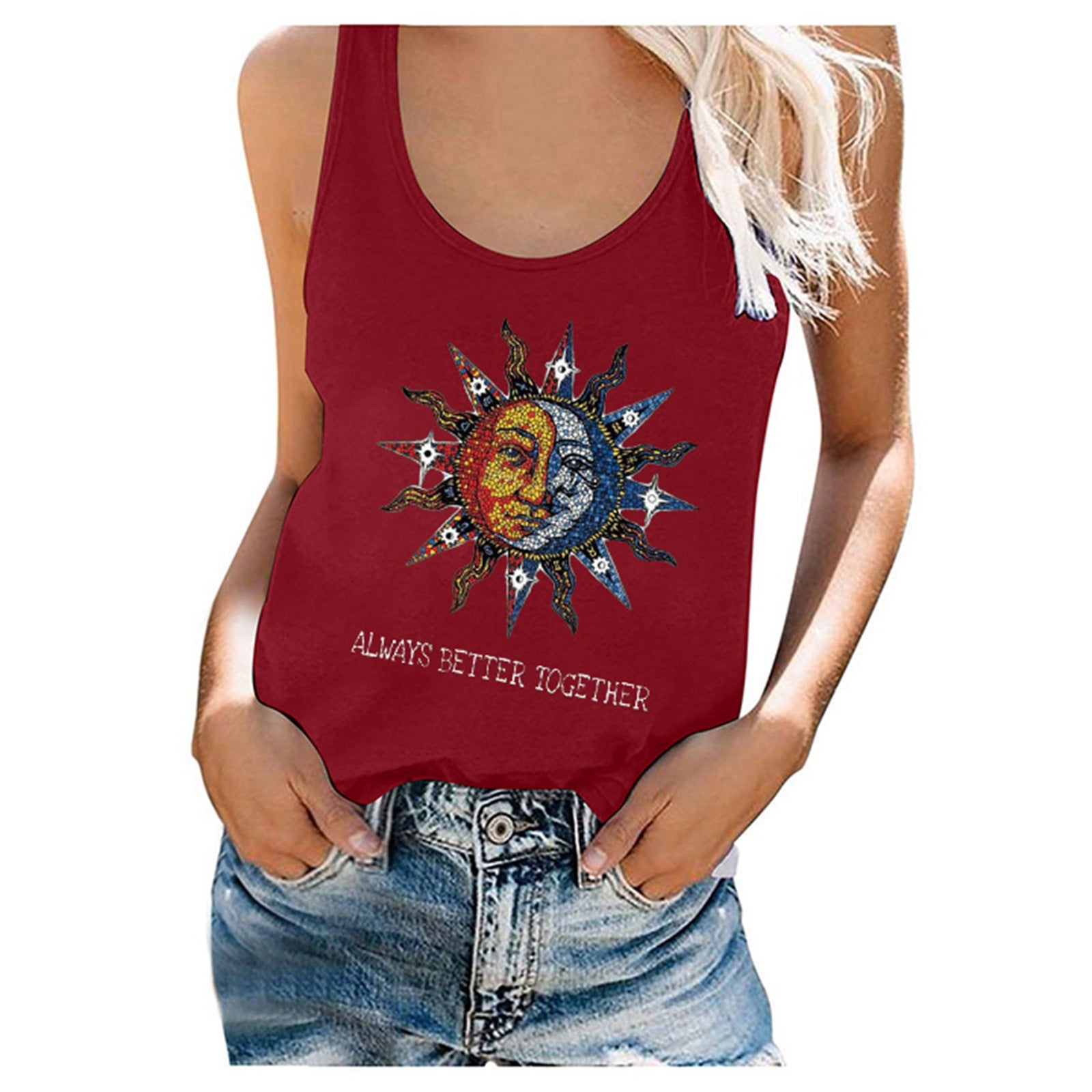 Women's Sun Moon Pattern Printed Sleeveless T-shirt Vests