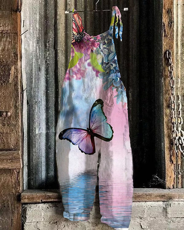 Women's Summer Cotton Linen Suspender Trousers Printed Dresses