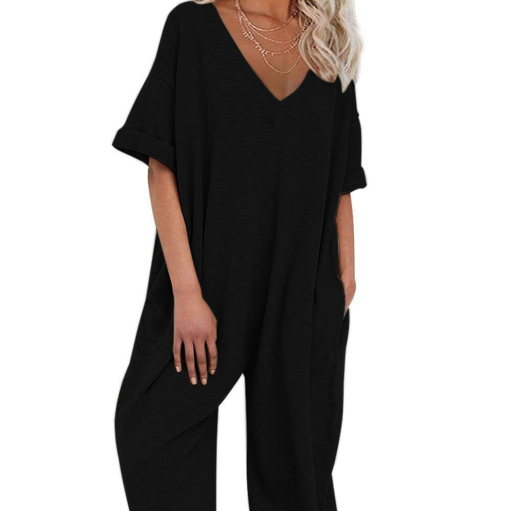 Women's Color Collar Sleeve Length Loose Overalls Jumpsuits
