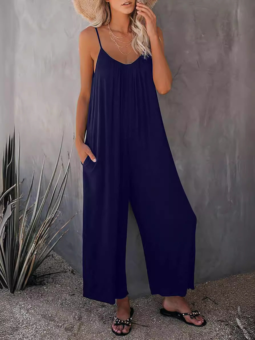 Women's Sling Summer Solid Color Pocket Casual Jumpsuits