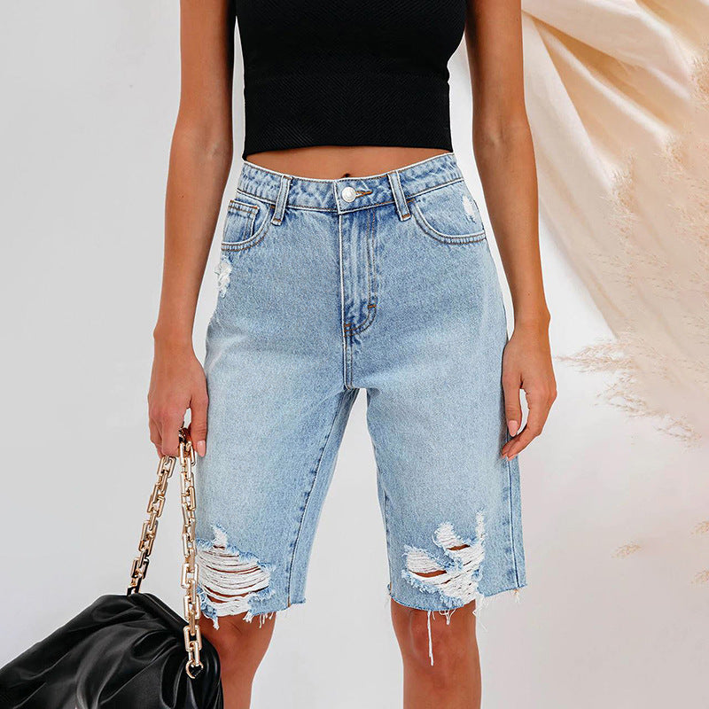 Pés altos de verão femininos jeans cortados no meio da cintura