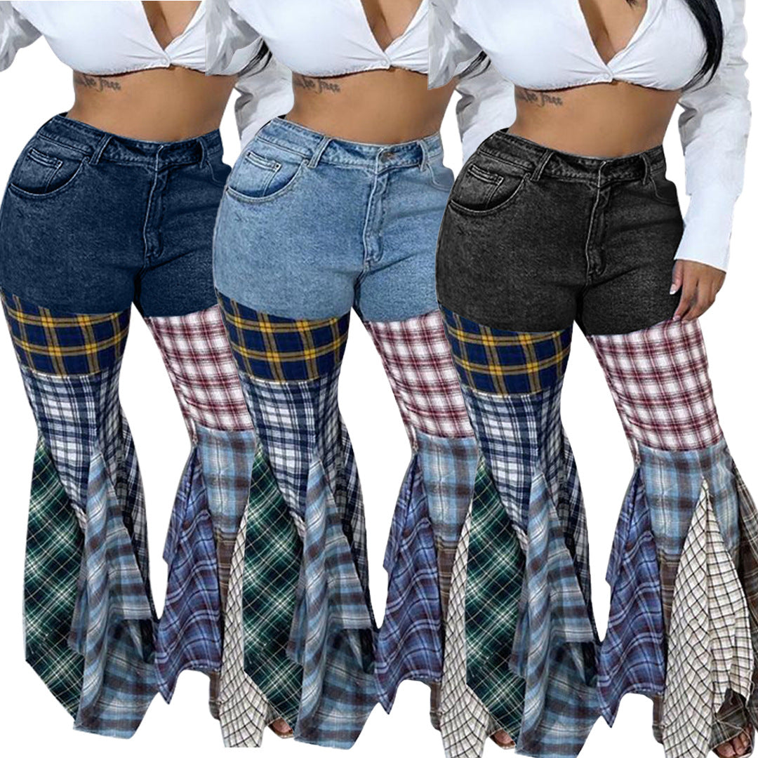 Women's Patchwork Houndstooth Flared Ruffled Trousers Jeans